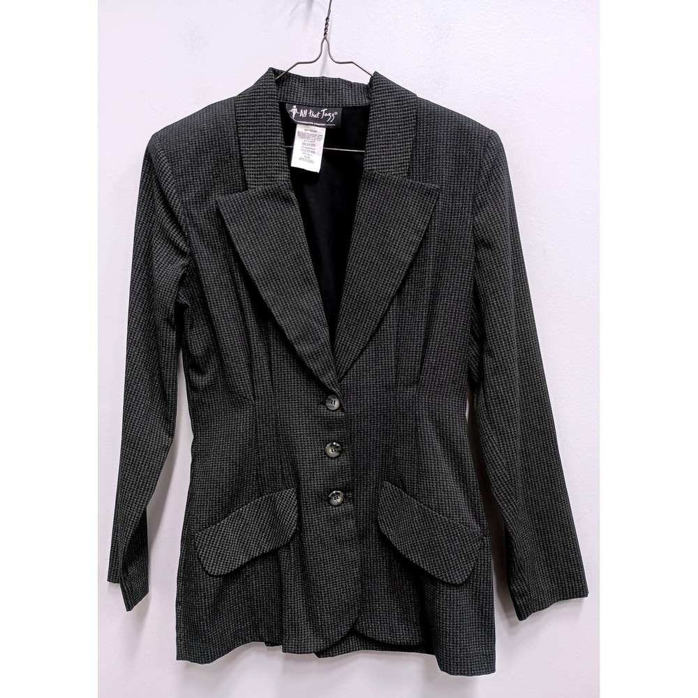 Vintage All That Jazz Blazer Womens 3/4 Gray Micro Houndstooth Fitted 90s Office